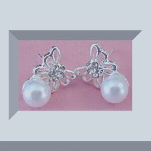 Silver Tone Butterfly Design Stud Earrings With White Faux Pearls & Crystals